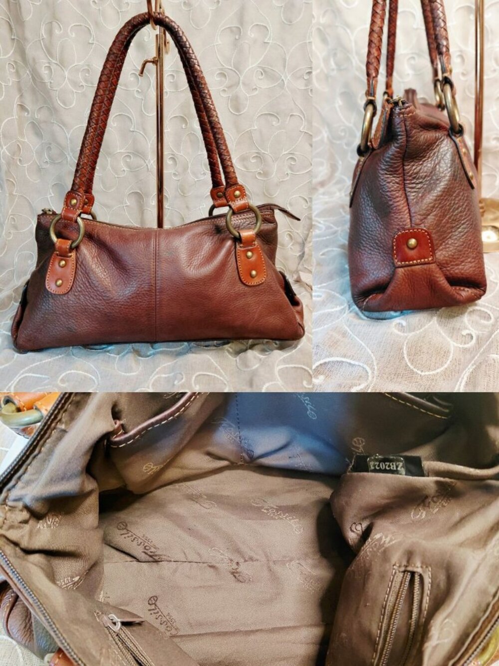 Vintage Fossil Brown Loved Leather East West Shoulder Bag Braided Handles